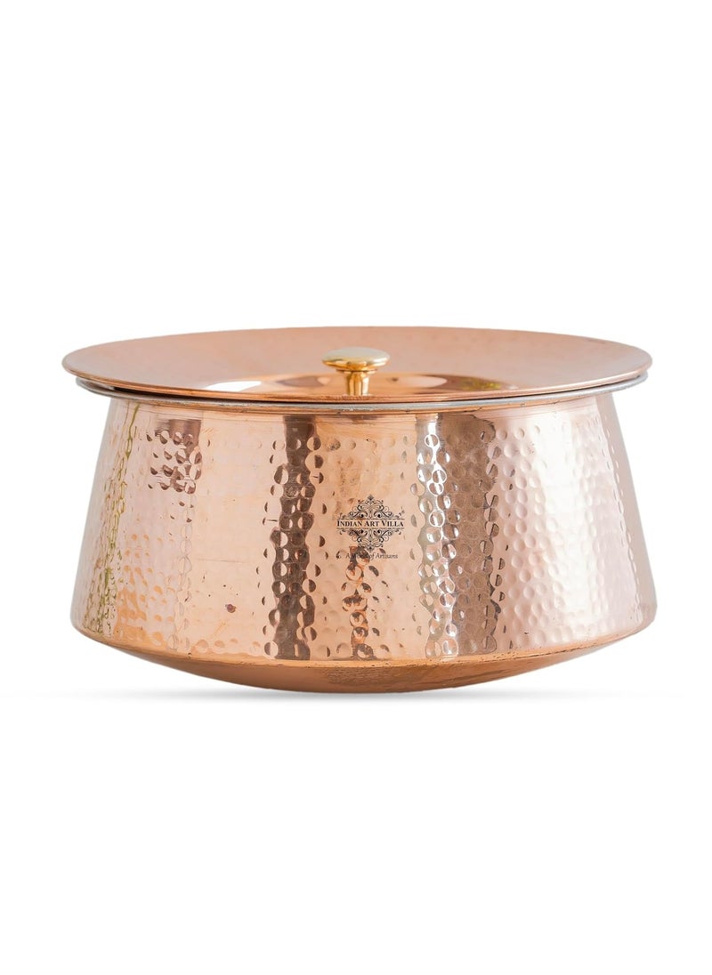 Indian Art Villa Handcrafted Hammered Copper Serving Handi with Lid and Tin Lining Traditional Indian Cookware Handi for Serving Rice Curries and Dishes 2000 ML Capacity