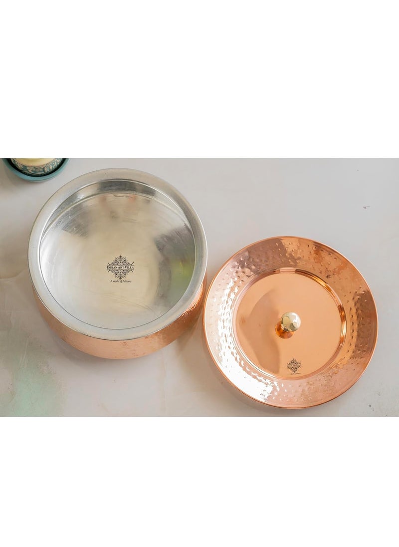 Indian Art Villa Handcrafted Hammered Copper Serving Handi with Lid and Tin Lining Traditional Indian Cookware Handi for Serving Rice Curries and Dishes 2000 ML Capacity