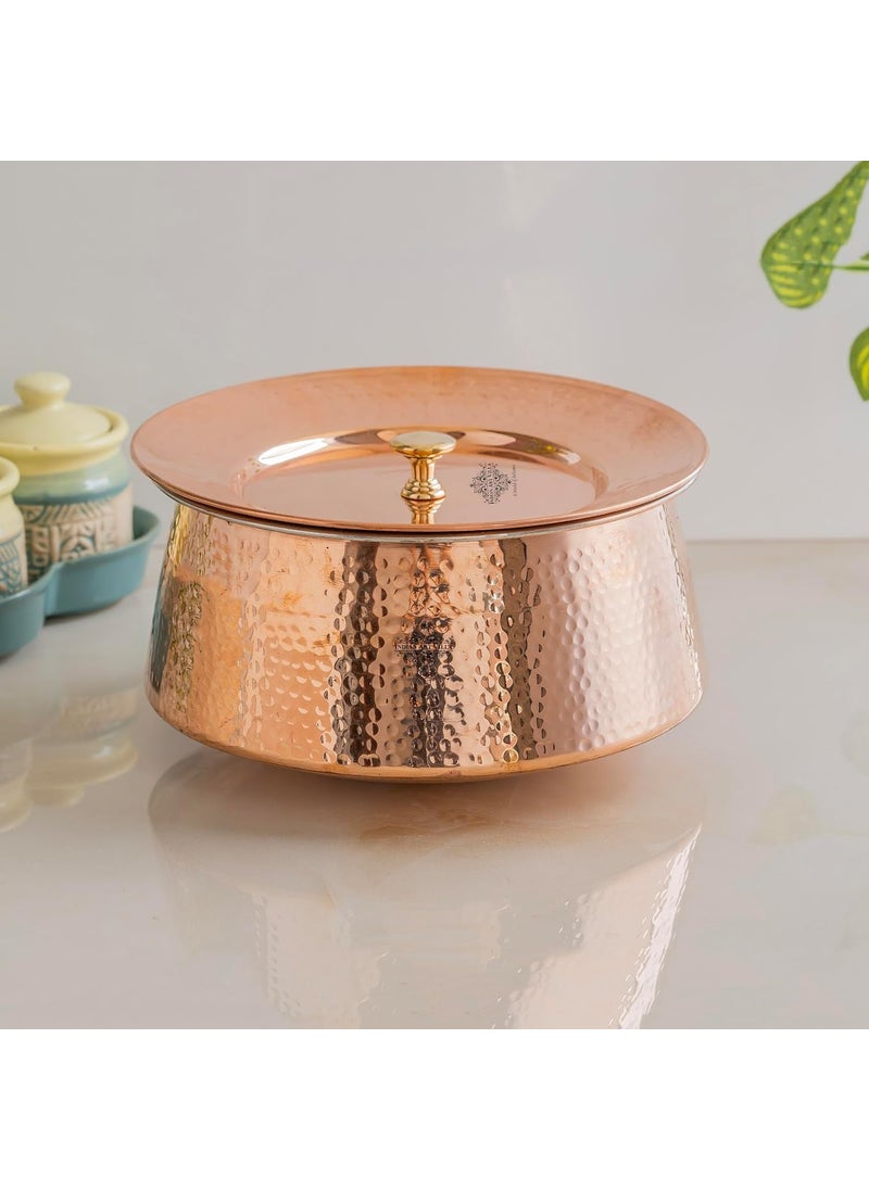 Indian Art Villa Handcrafted Hammered Copper Serving Handi with Lid and Tin Lining Traditional Indian Cookware Handi for Serving Rice Curries and Dishes 2000 ML Capacity