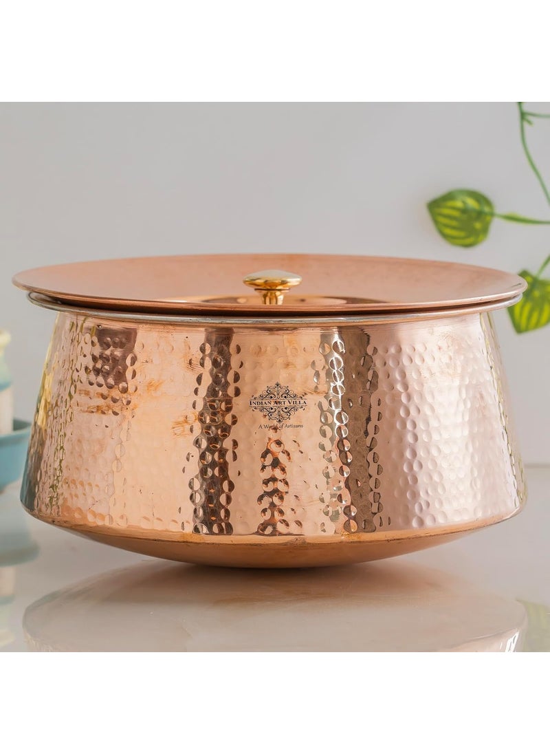 Indian Art Villa Handcrafted Hammered Copper Serving Handi with Lid and Tin Lining Traditional Indian Cookware Handi for Serving Rice Curries and Dishes 2000 ML Capacity
