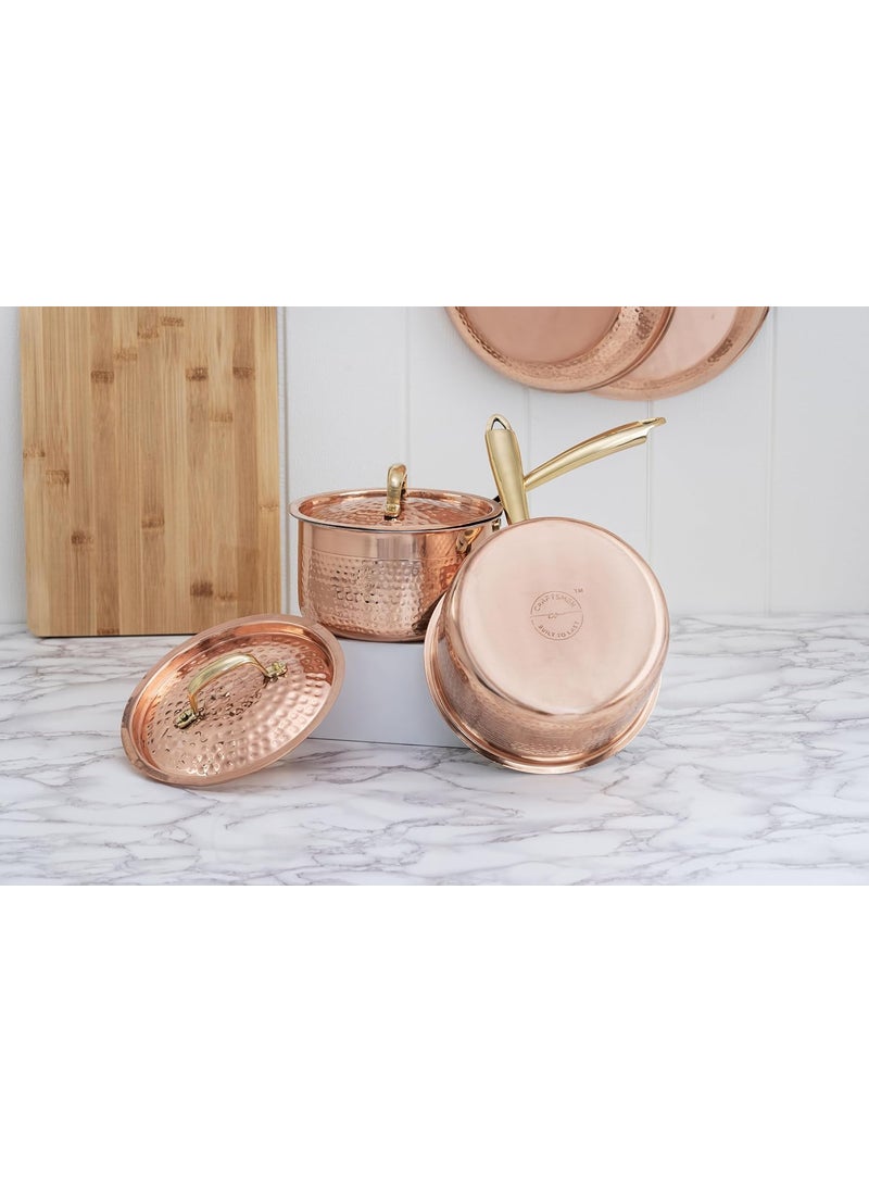 CRAFTSMEN Copper Sauce Pan with Copper Lid with Inside Tin Coating Kalai Brass Handle Volume 2L