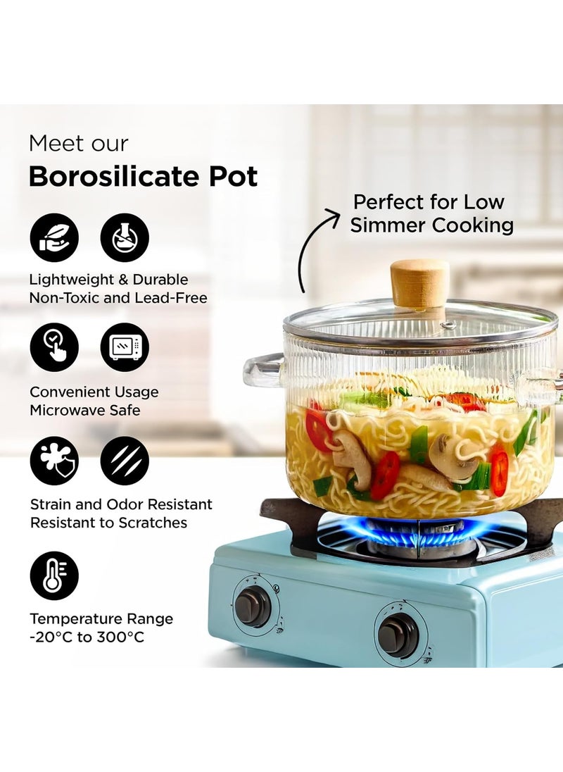 Urbane Home Borosilicate Glass 145L Saucepan with Lid Handle Induction Pan Cookware Handi for Cooking Microwave Safe Cooktop for TeaMilkPastaNoodlesRice Transparent Grey Color