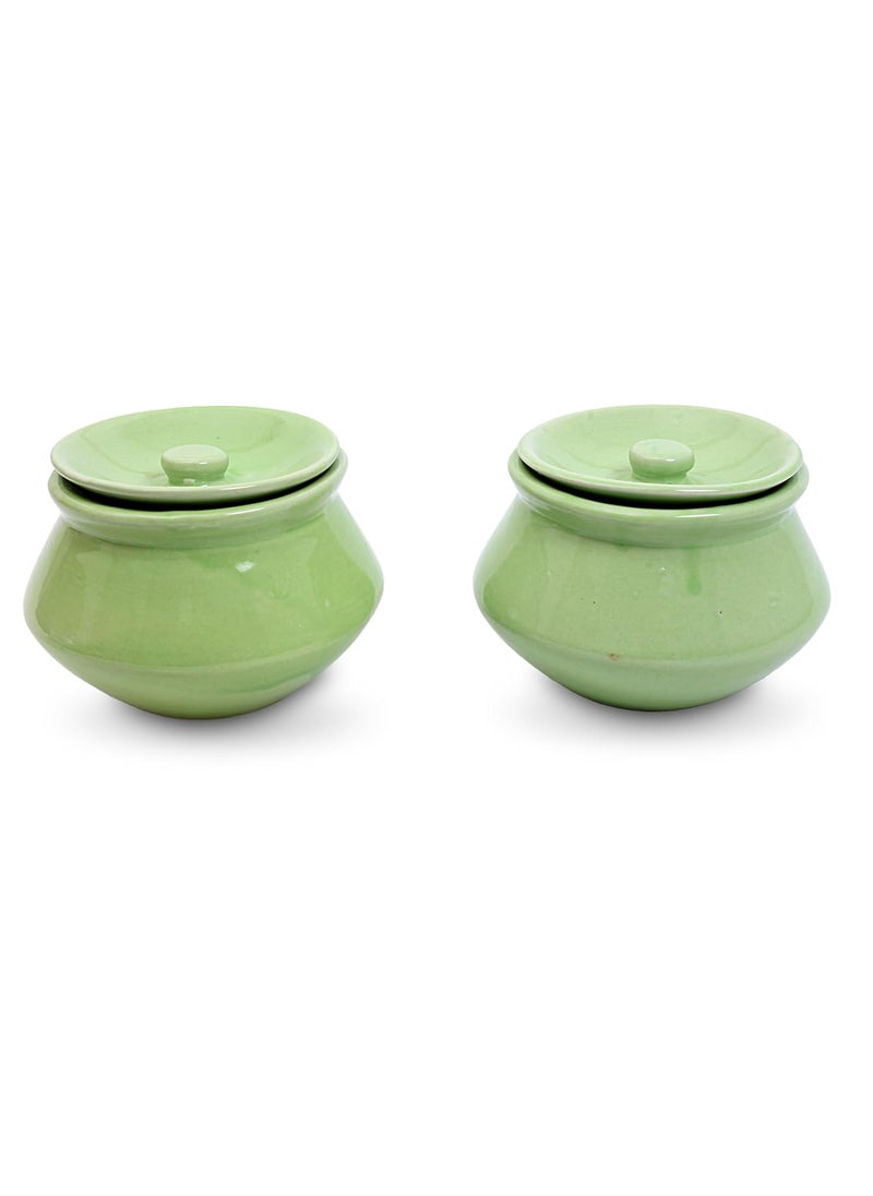 KALAKRITI 600 ML Ceramic Green Glossy Handi with Lid Dahi Handi Serving Handi Biryani Handi Sauce Pot Dining Tableware Curd Bowl Pack of 2