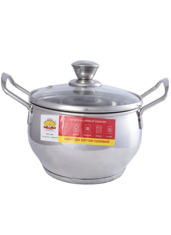 Ramson Stainless Steel Handi with Glass Lid 14 cm 1 Litre Carnival Kitchen Serving Cooking Range with Induction Base