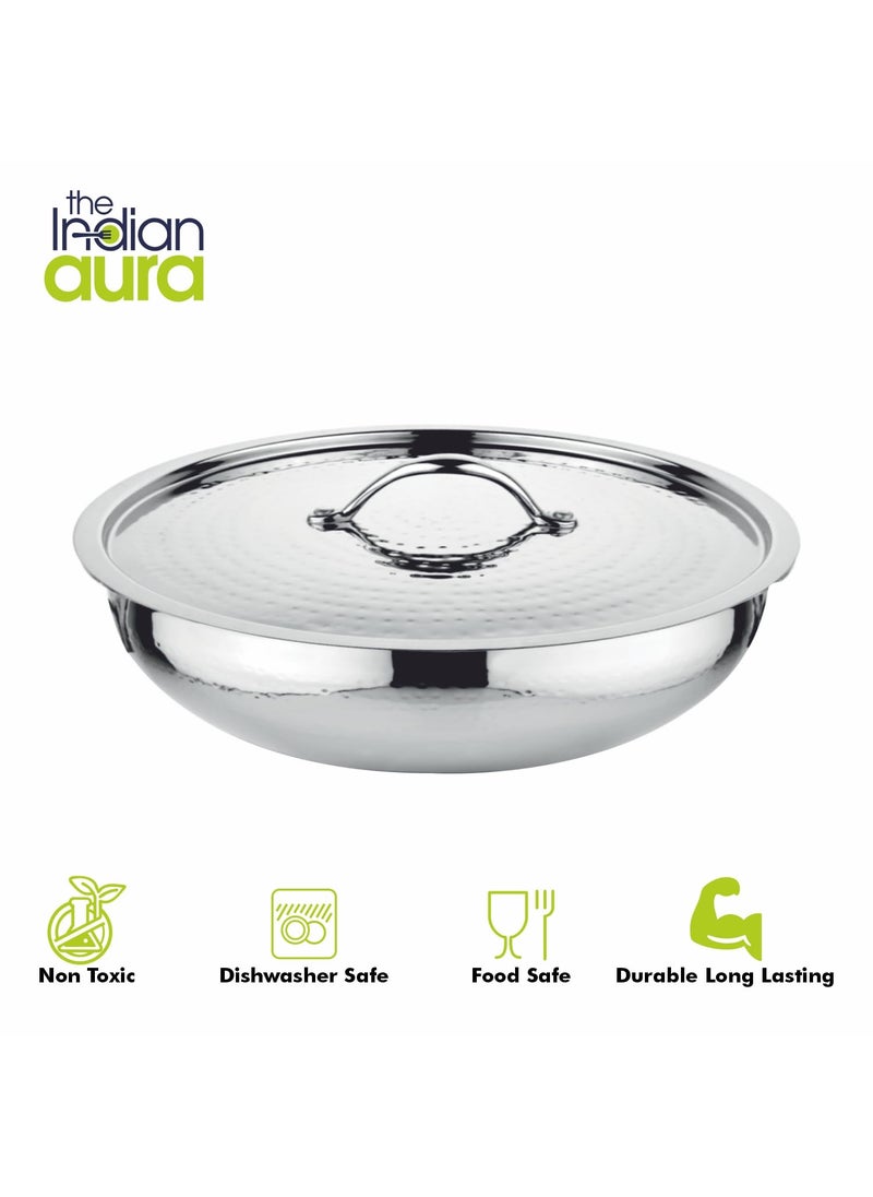 The Indian Aura Stainless Steel Cookware Hammered Tasla Flat Bottom with Lid 4 Litre 28cm Thick Extra Deep Tasra Kadhai for Cooking Induction Bottom Gas Base 5 Years Warranty