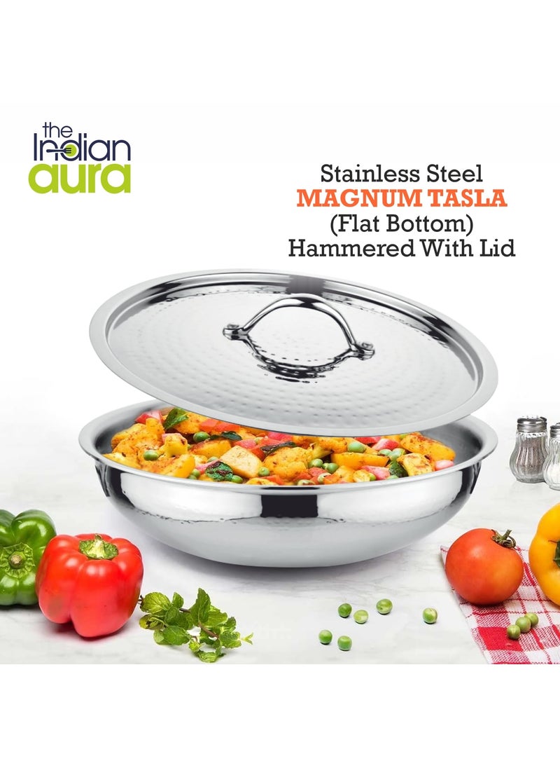 The Indian Aura Stainless Steel Cookware Hammered Tasla Flat Bottom with Lid 4 Litre 28cm Thick Extra Deep Tasra Kadhai for Cooking Induction Bottom Gas Base 5 Years Warranty