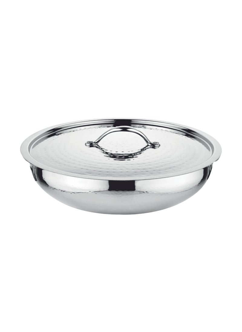 The Indian Aura Stainless Steel Cookware Hammered Tasla Flat Bottom with Lid 4 Litre 28cm Thick Extra Deep Tasra Kadhai for Cooking Induction Bottom Gas Base 5 Years Warranty