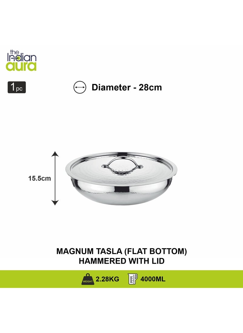 The Indian Aura Stainless Steel Cookware Hammered Tasla Flat Bottom with Lid 4 Litre 28cm Thick Extra Deep Tasra Kadhai for Cooking Induction Bottom Gas Base 5 Years Warranty
