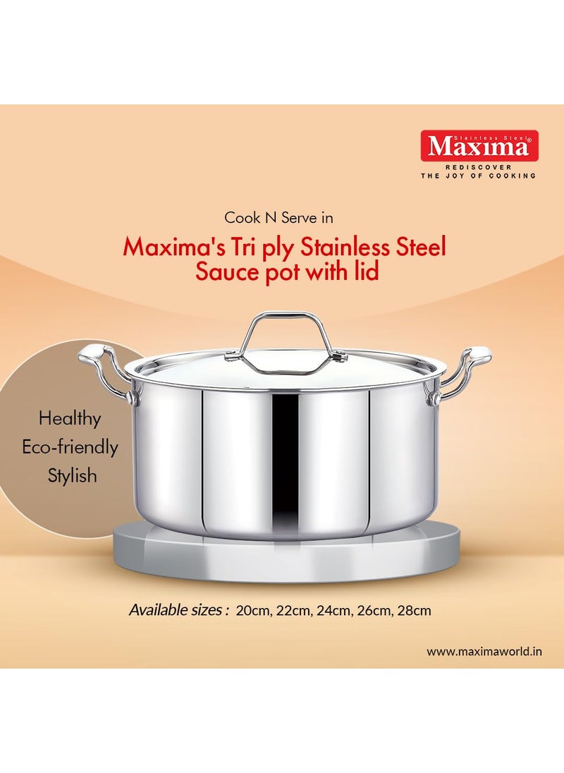 Maxima Triply Cookware Saucepot Compatible with Induction and Gas Heat Resistant Riveted Handle Fast Cooking Triple Layer Stainless Steel Size 18 CM Capacity 22 LTR