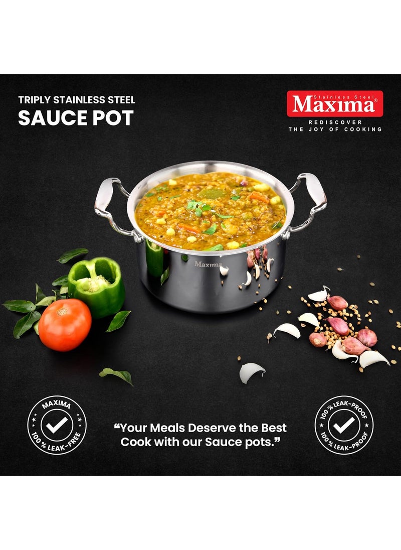 Maxima Triply Cookware Saucepot Compatible with Induction and Gas Heat Resistant Riveted Handle Fast Cooking Triple Layer Stainless Steel Size 18 CM Capacity 22 LTR