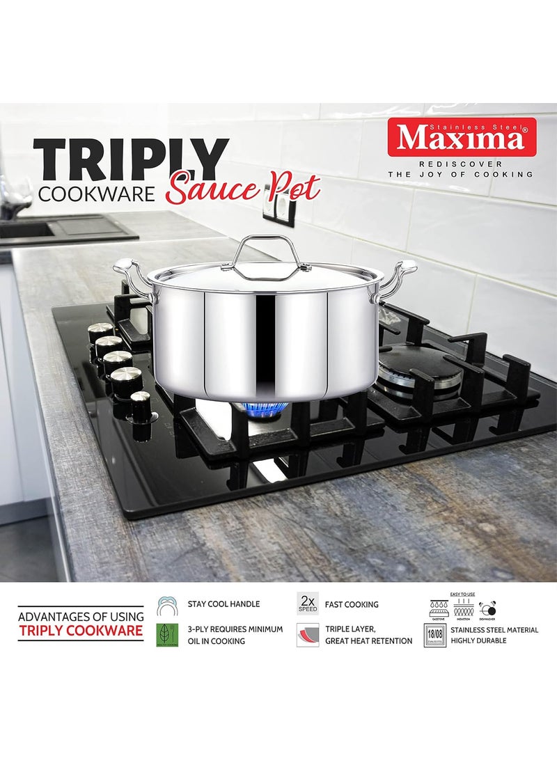 Maxima Triply Cookware Saucepot Compatible with Induction and Gas Heat Resistant Riveted Handle Fast Cooking Triple Layer Stainless Steel Size 18 CM Capacity 22 LTR