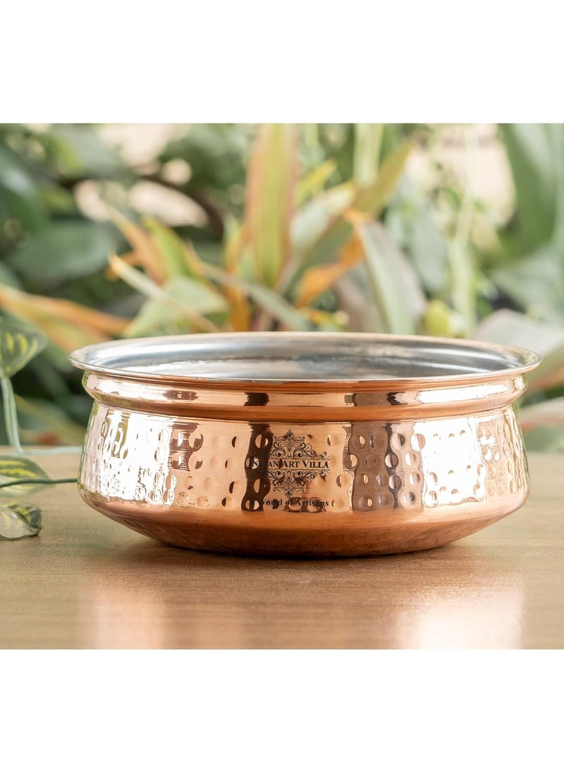 INDIAN ART VILLA Copper Hammered Handi with Inside Tin Lining Copper Cookware Serveware Diameter 91 Inches Volume 2850