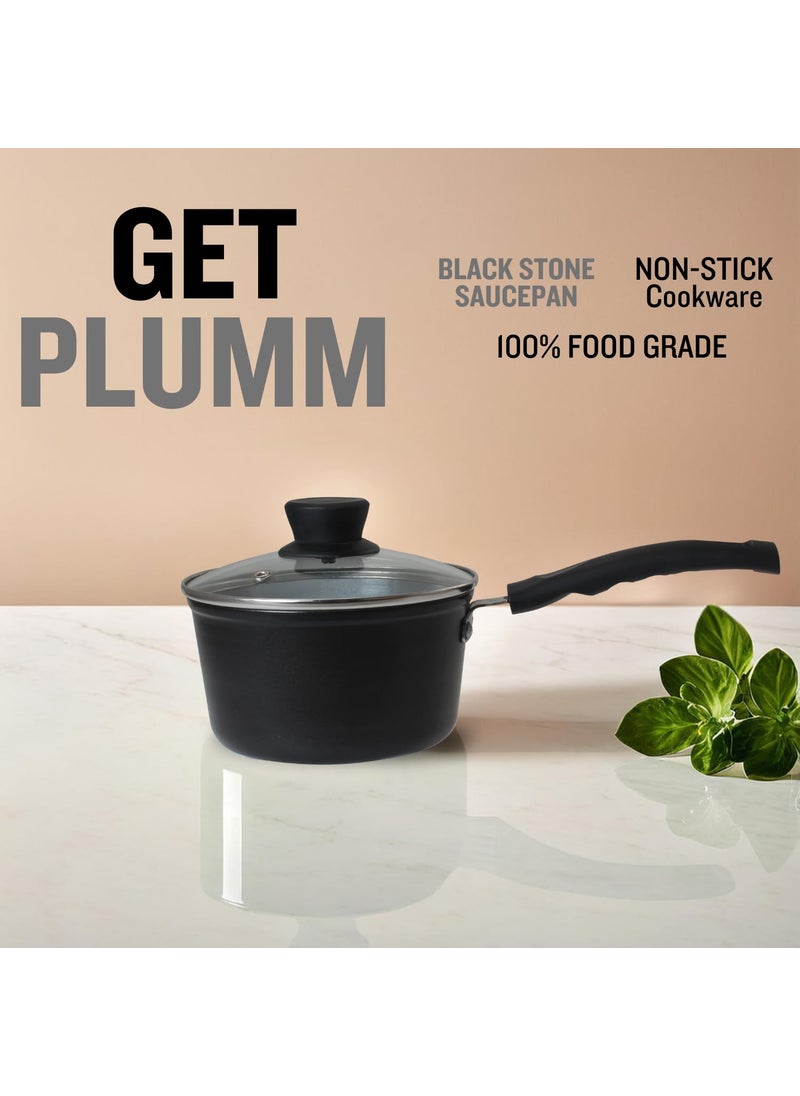 GET PLUMM Sauce Pan Induction Base Sauce Pan for Tea Gas Stove Compatible Pan for Making Tea Milk Boiler Cookware with Ceramic Coating with Black Bakelite Handle 16 cm Black