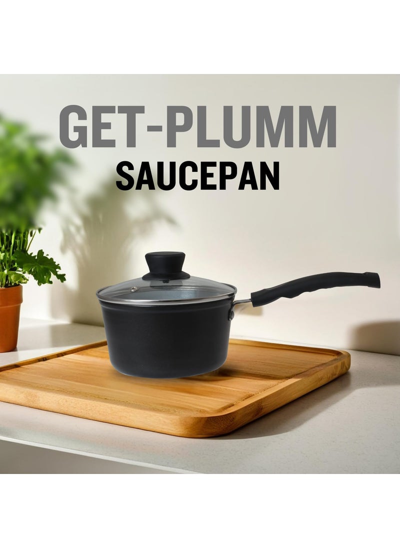 GET PLUMM Sauce Pan Induction Base Sauce Pan for Tea Gas Stove Compatible Pan for Making Tea Milk Boiler Cookware with Ceramic Coating with Black Bakelite Handle 16 cm Black