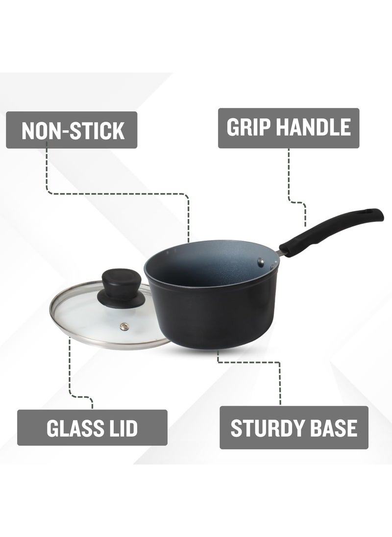 GET PLUMM Sauce Pan Induction Base Sauce Pan for Tea Gas Stove Compatible Pan for Making Tea Milk Boiler Cookware with Ceramic Coating with Black Bakelite Handle 16 cm Black