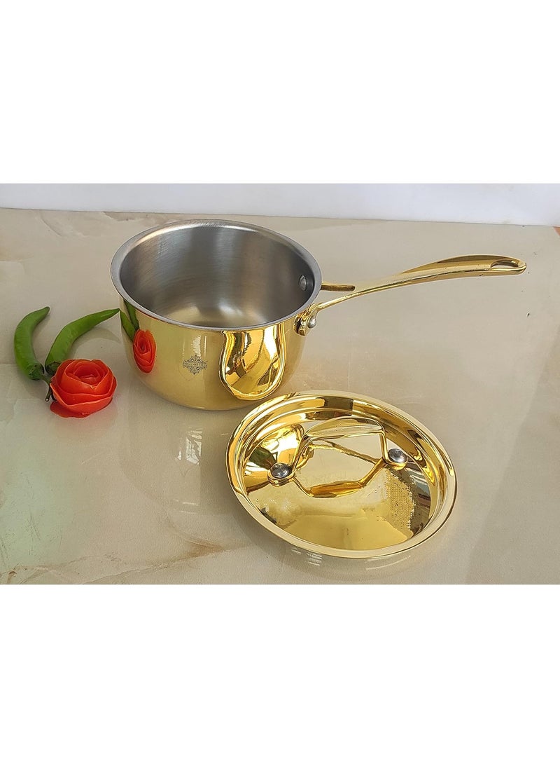 INDIAN ART VILLA Pure Brass with tin Lining Gold Finish Design Pan with Lid Handle Cookware Kitchen Tools Diameter7 Inches