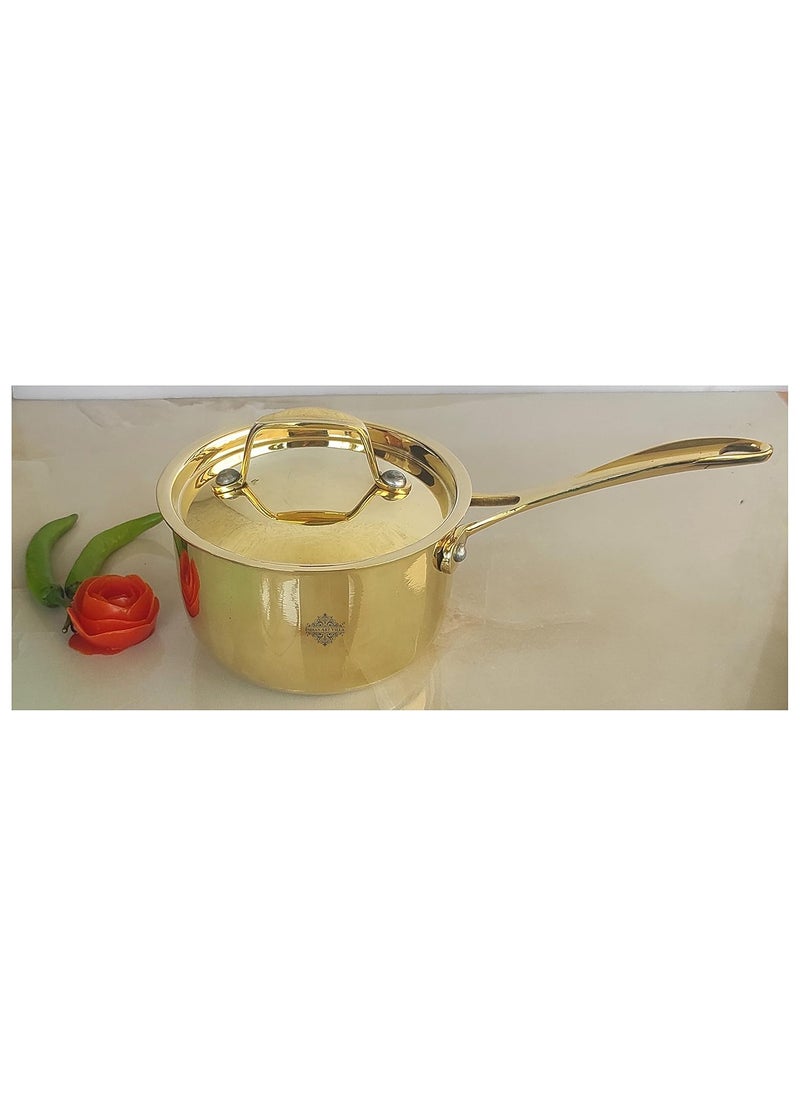 INDIAN ART VILLA Pure Brass with tin Lining Gold Finish Design Pan with Lid Handle Cookware Kitchen Tools Diameter7 Inches