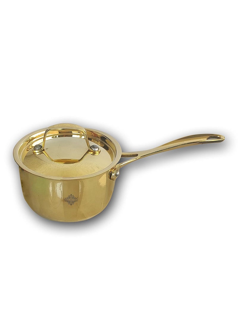 INDIAN ART VILLA Pure Brass with tin Lining Gold Finish Design Pan with Lid Handle Cookware Kitchen Tools Diameter7 Inches