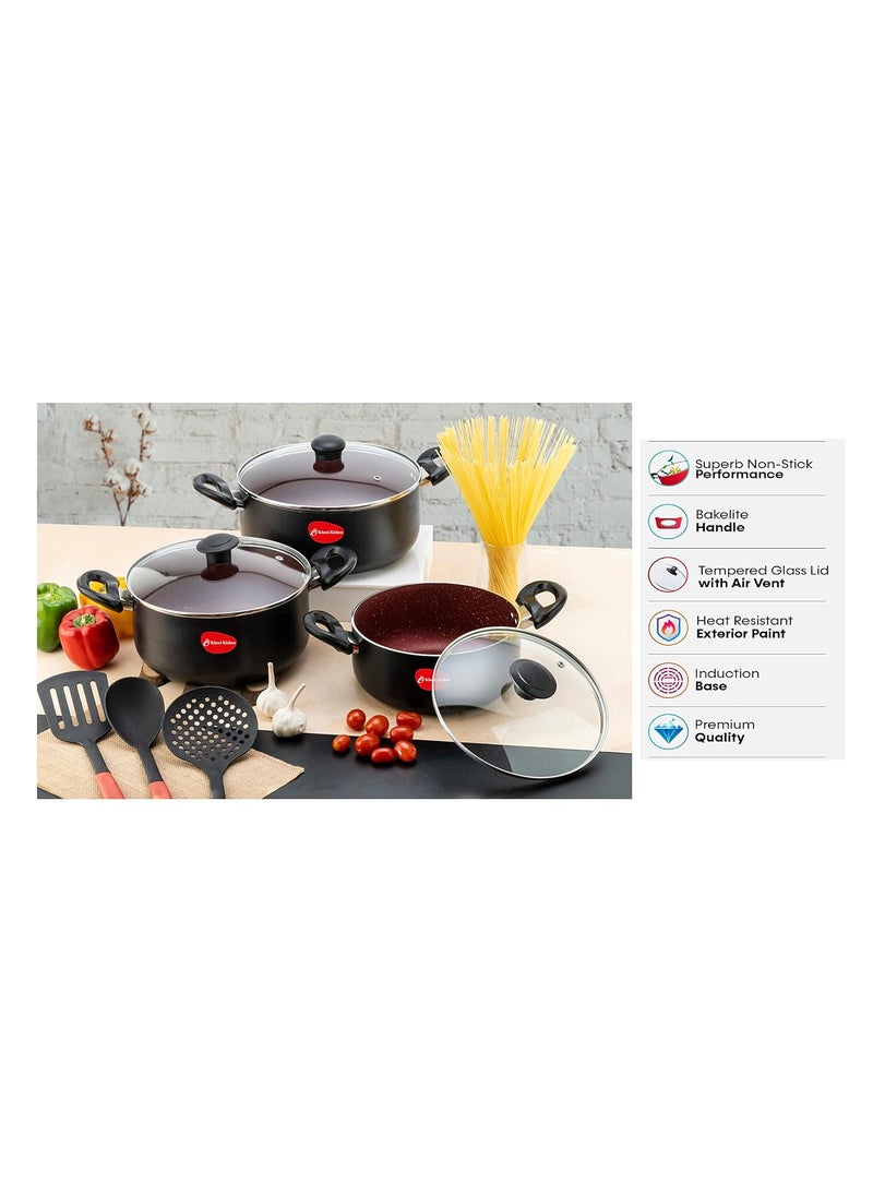 KLASSI KICHEN Aluminimum Non Stick Biryani Pot Set of 3 with Glass lid cookware Set Black