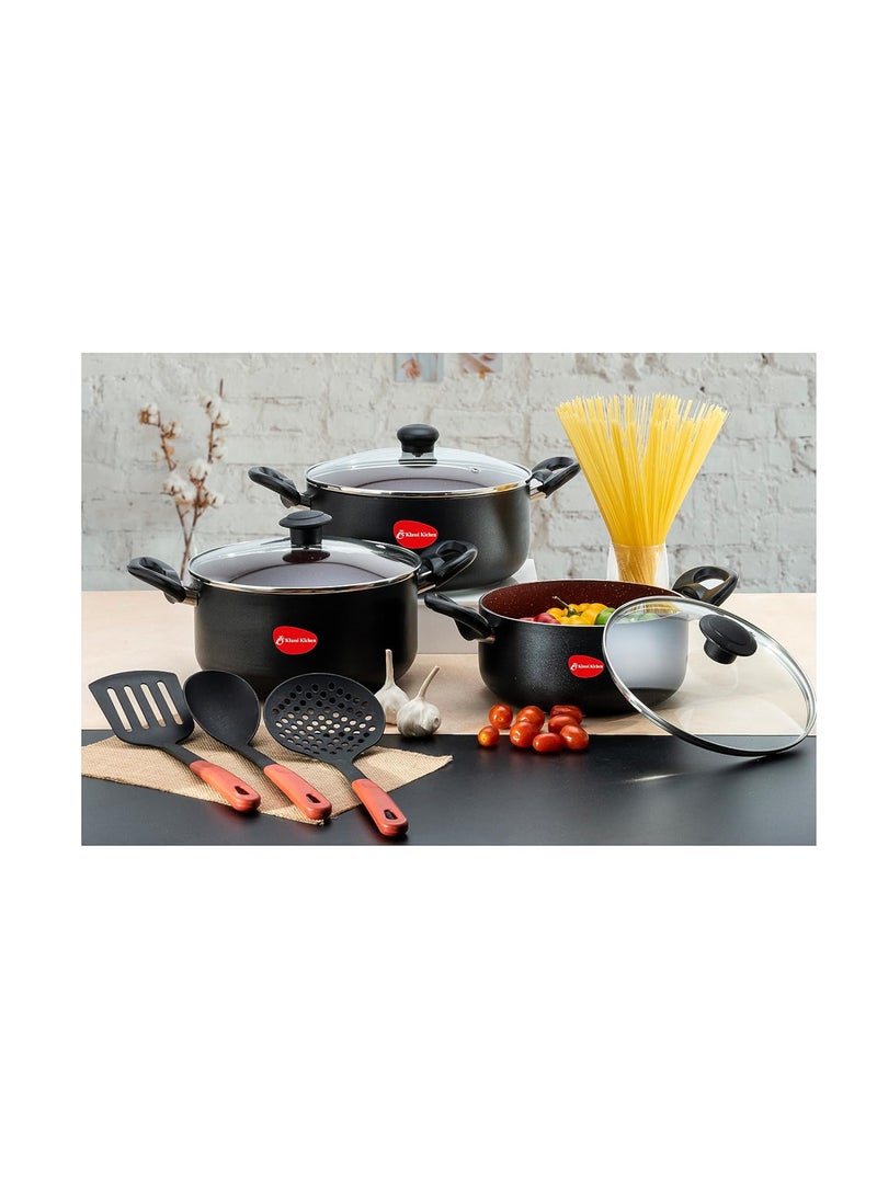 KLASSI KICHEN Aluminimum Non Stick Biryani Pot Set of 3 with Glass lid cookware Set Black