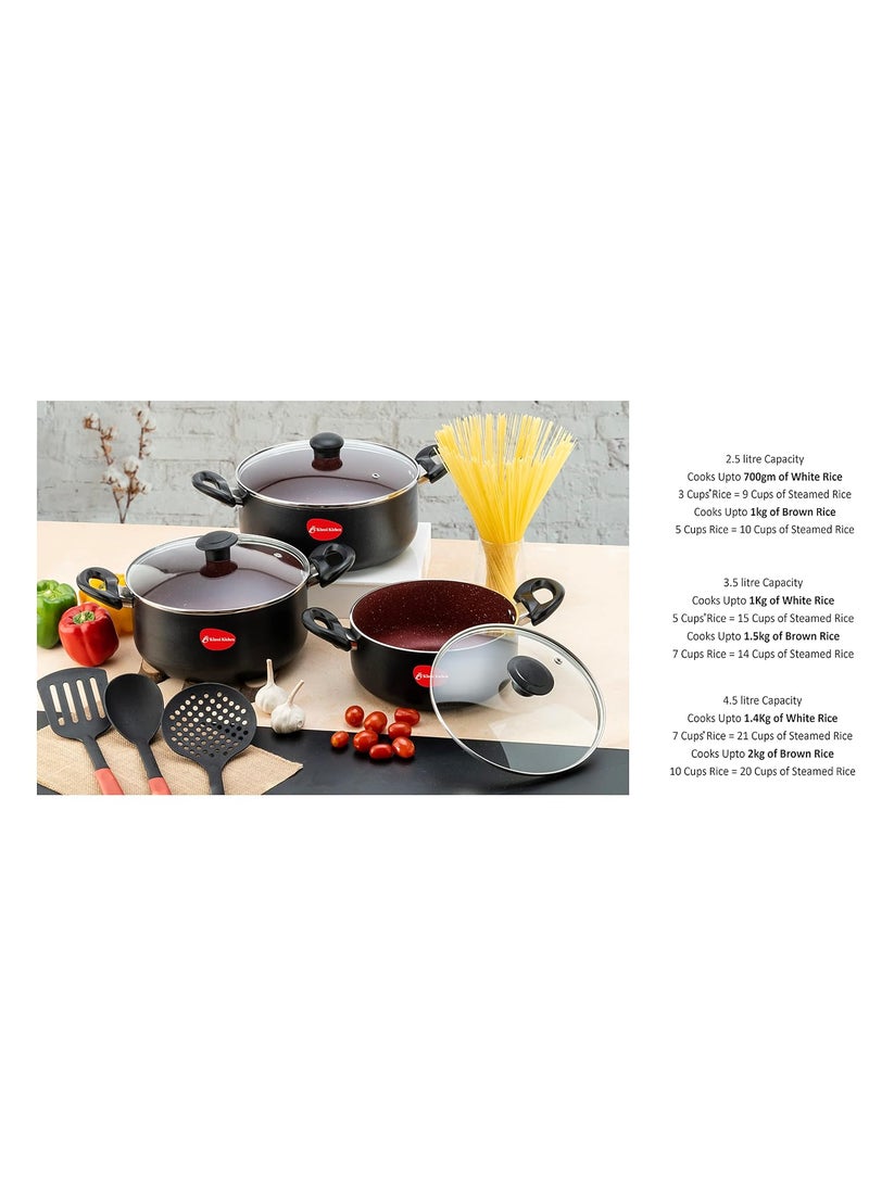 KLASSI KICHEN Aluminimum Non Stick Biryani Pot Set of 3 with Glass lid cookware Set Black