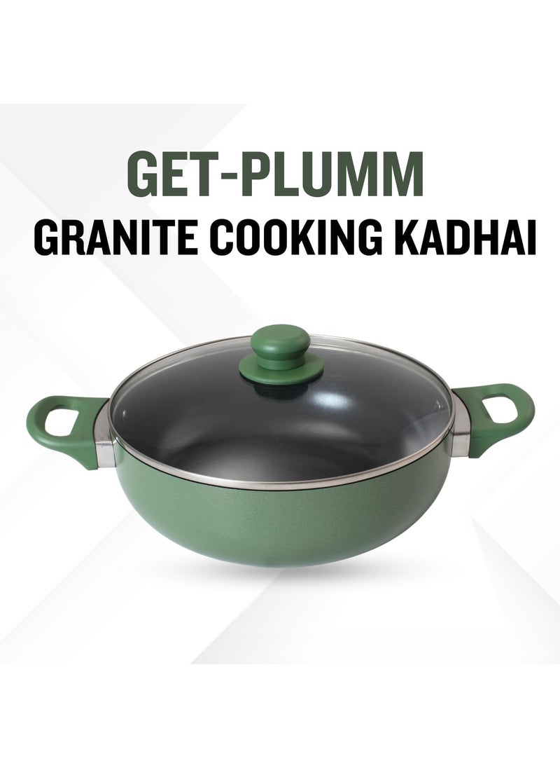 Get Plumm Sauce Pot Cookware with Handle Granite Stone Kadhai with Lid Induction Base Biryani Pot Glass lid Cool Touch Wooden Handle Cooking Handi Pot Green