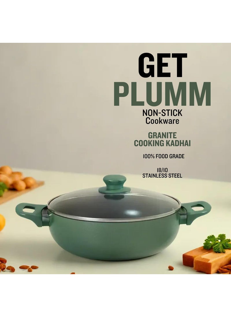 Get Plumm Sauce Pot Cookware with Handle Granite Stone Kadhai with Lid Induction Base Biryani Pot Glass lid Cool Touch Wooden Handle Cooking Handi Pot Green