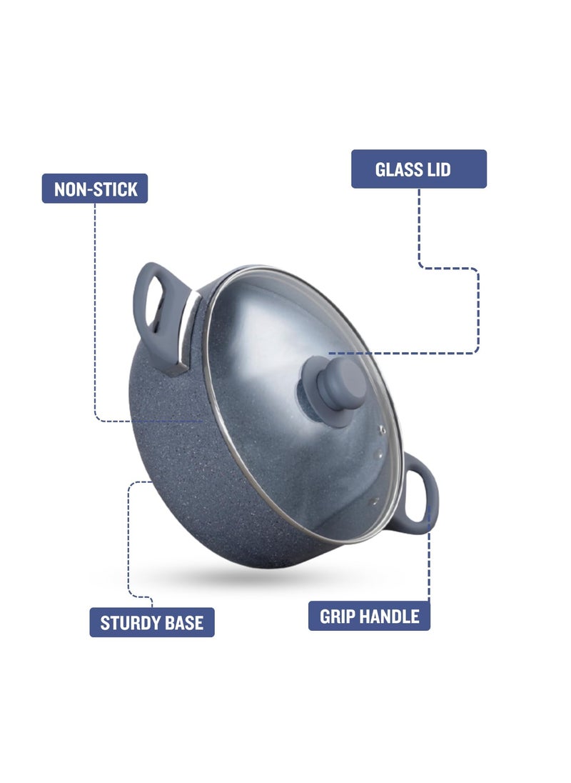 Get Plumm Sauce Pot Cookware with Handle Granite Stone Kadhai with Lid Induction Base Biryani Pot Glass lid Cool Touch Granite Handle Cooking Handi Pot Graphite 24cm5L 1 Year Warranty