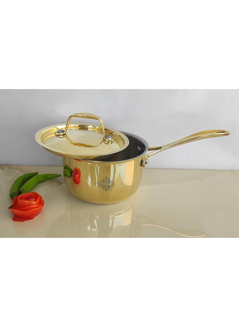 INDIAN ART VILLA Pure Brass with tin Lining Gold Finish Design Pan with Lid Handle Cookware Kitchen Tools Diameter6 Inches