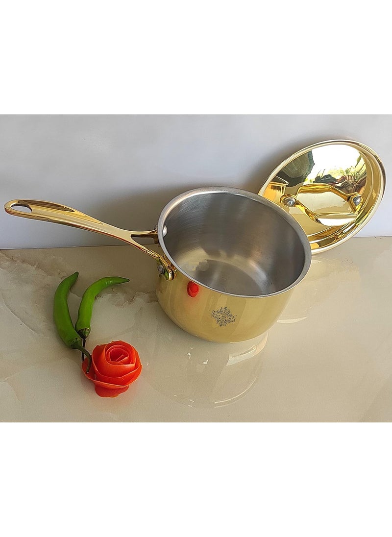INDIAN ART VILLA Pure Brass with tin Lining Gold Finish Design Pan with Lid Handle Cookware Kitchen Tools Diameter6 Inches