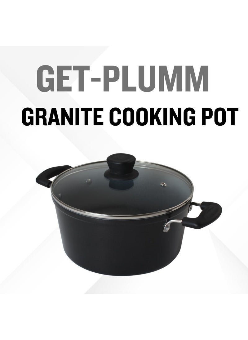 Get Plumm Sauce Pot Cookware with Handle Granite Stone Kadhai with Lid Induction Base Biryani Pot Glass lid Cool Touch Wooden Handle Cooking Handi Pot Black