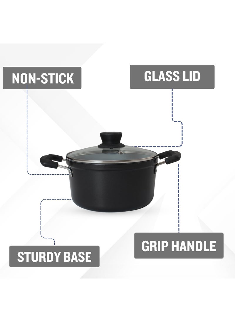Get Plumm Sauce Pot Cookware with Handle Granite Stone Kadhai with Lid Induction Base Biryani Pot Glass lid Cool Touch Wooden Handle Cooking Handi Pot Black
