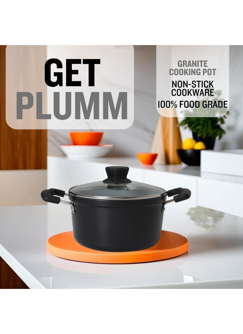 Get Plumm Sauce Pot Cookware with Handle Granite Stone Kadhai with Lid Induction Base Biryani Pot Glass lid Cool Touch Wooden Handle Cooking Handi Pot Black