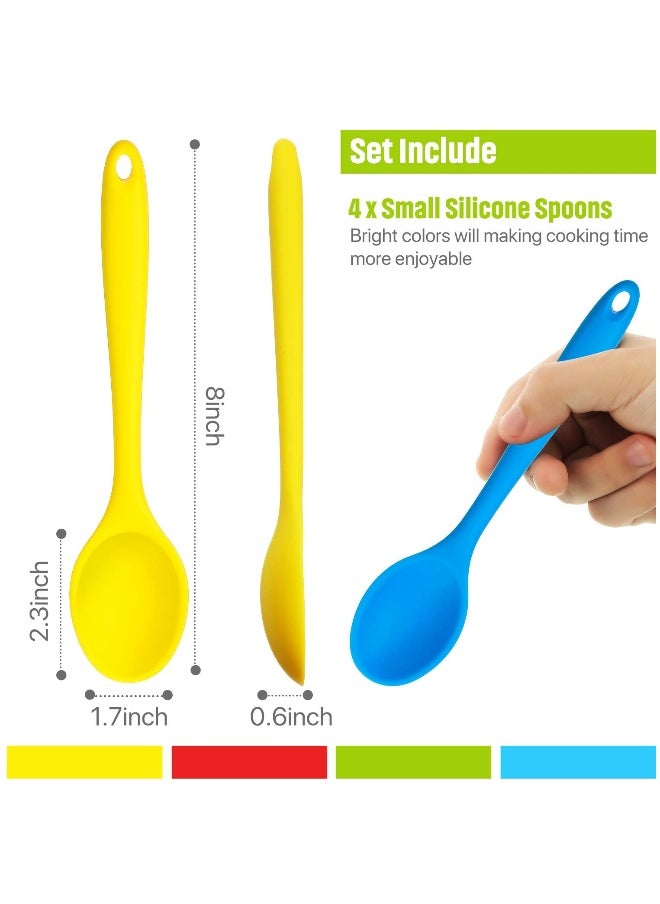 4 Pieces Small Multicolored Silicone Spoons, Silicone Nonstick Kitchen Spoon Silicone Serving Spoon Stirring Spoon for Kitchen Cooking Baking Stirring Mixing Tools (Green, Yellow, Dark Red, Blue)
