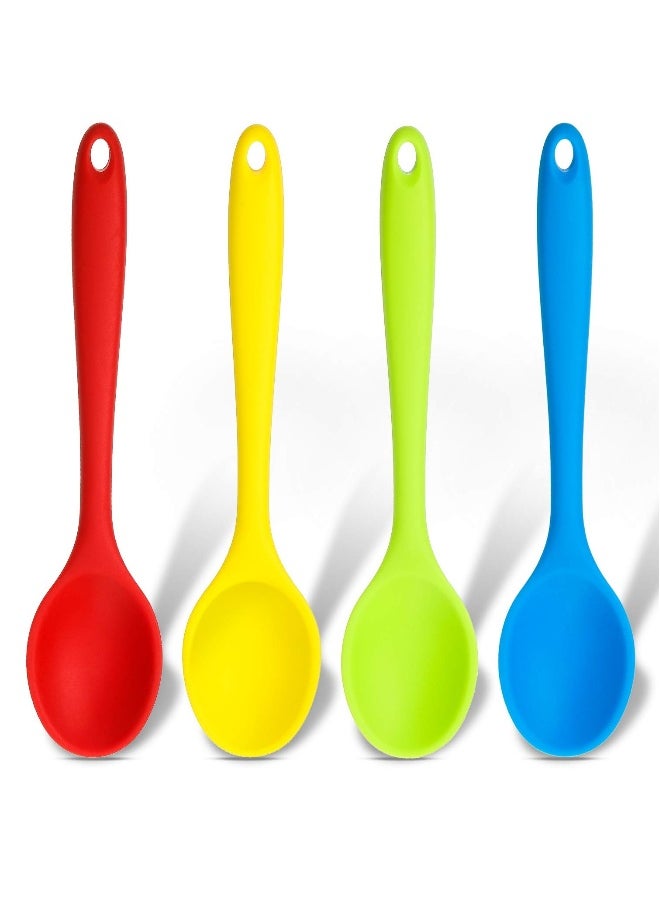4 Pieces Small Multicolored Silicone Spoons, Silicone Nonstick Kitchen Spoon Silicone Serving Spoon Stirring Spoon for Kitchen Cooking Baking Stirring Mixing Tools (Green, Yellow, Dark Red, Blue)