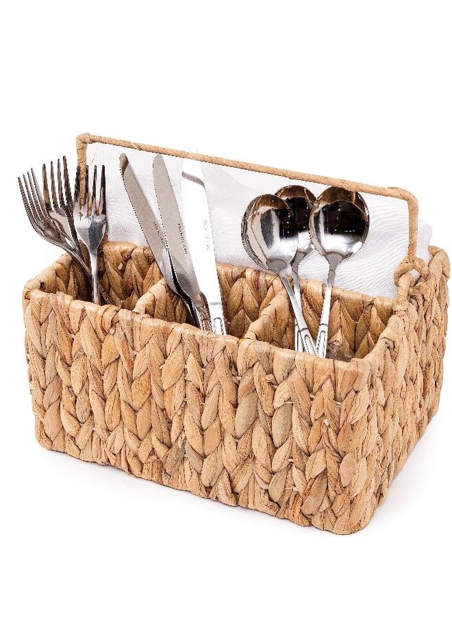 1 Pack With Handle Flatware Organizer, Hand Woven Water Hyacinth Cutlery Holder for Countertop