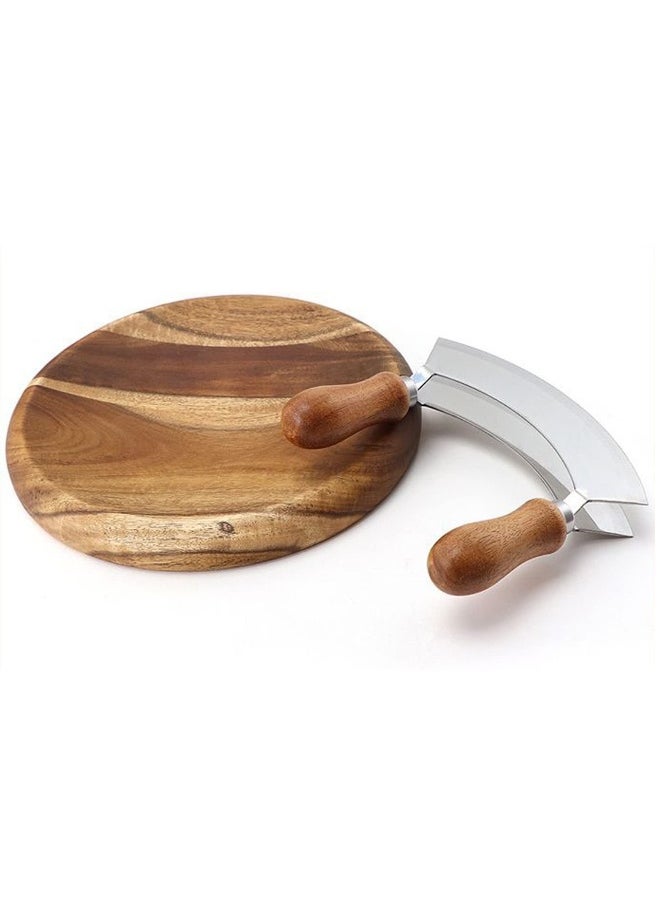 Double Blade Chopping Knife with Round Cutting Board, Stainless Steel Mezzaluna Pizza Cutter Rocker Knife, Salad Chopper and Mincing Knife Set