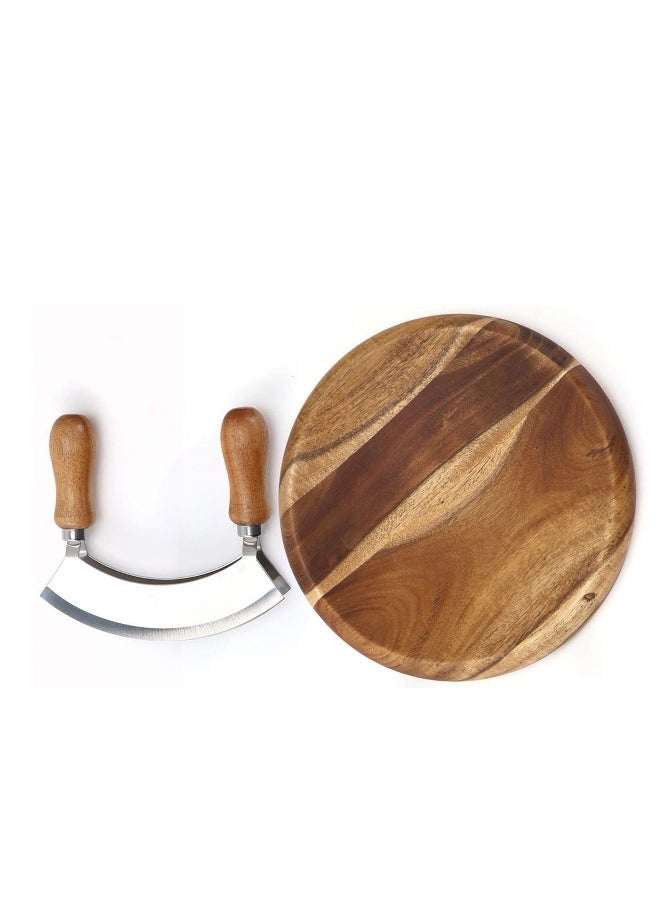 Double Blade Chopping Knife with Round Cutting Board, Stainless Steel Mezzaluna Pizza Cutter Rocker Knife, Salad Chopper and Mincing Knife Set