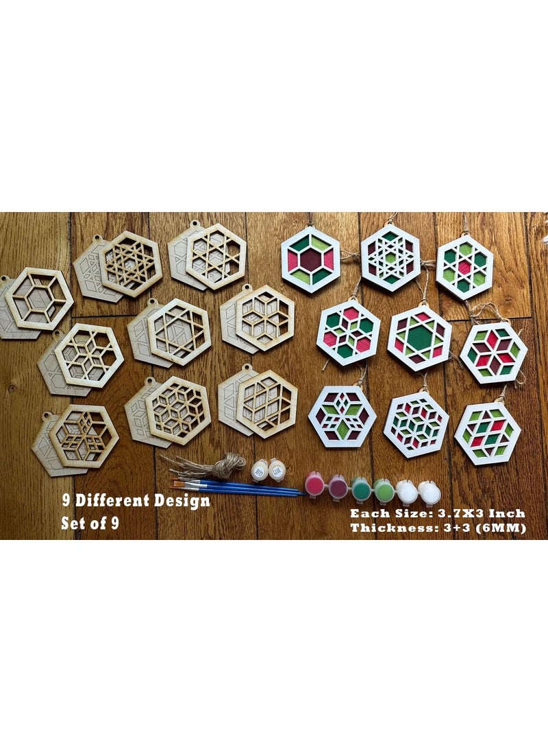 American Elm Set of 9 DIY Wooden Hexagonal Ornaments Painting Kit Christmas Craft for Kids MDF Hexagon Ornament Cutouts for Painting Home Decor