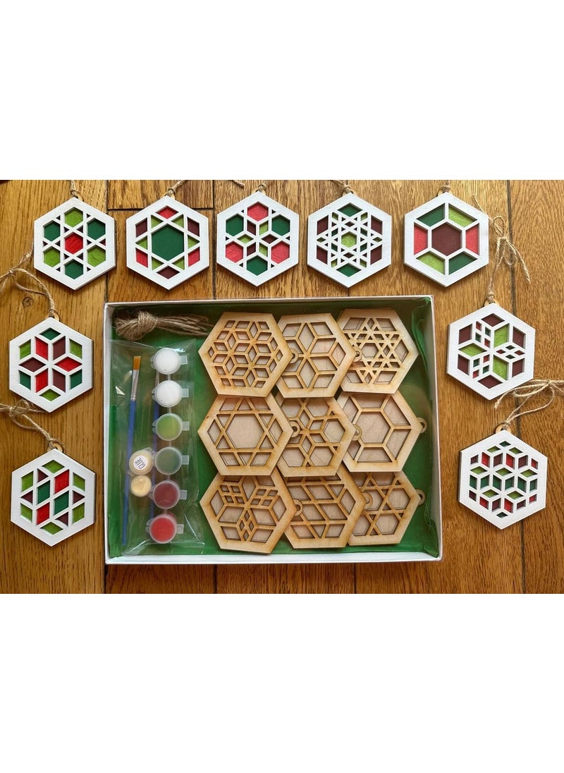 American Elm Set of 9 DIY Wooden Hexagonal Ornaments Painting Kit Christmas Craft for Kids MDF Hexagon Ornament Cutouts for Painting Home Decor