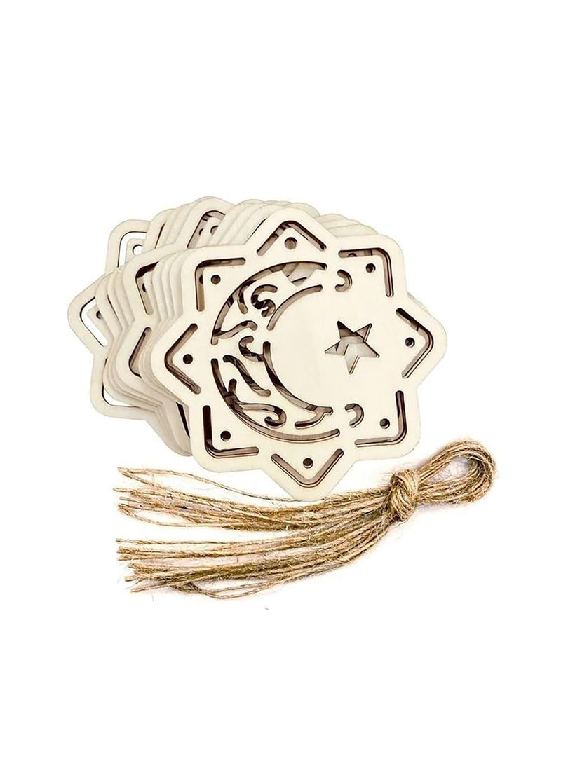 American Elm Pack of 10 Ramadan Eid Wooden Hanging Decor with Moon Star Design DIY Paintable MDF Craft Ramzan Decoration Items Wall Decor Islamic Eid Mubarak Decorations for Home
