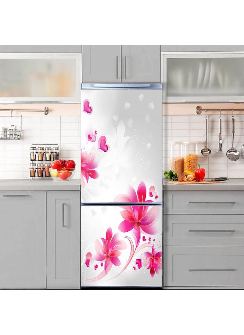 Advait Designs Decorative Beautiful Pink Flowers Leaves with Hearts Extra lardge Fridge Sticker for Fridge Sticker Decor 60Cm X 160Cm