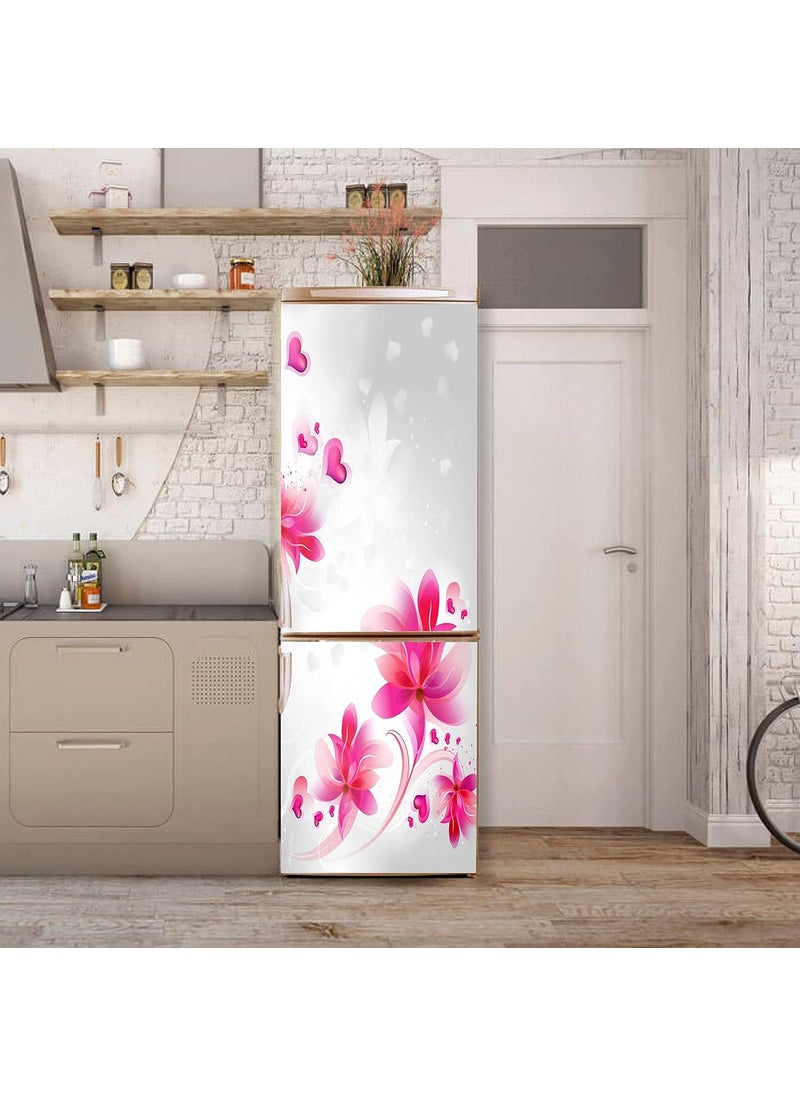 Advait Designs Decorative Beautiful Pink Flowers Leaves with Hearts Extra lardge Fridge Sticker for Fridge Sticker Decor 60Cm X 160Cm
