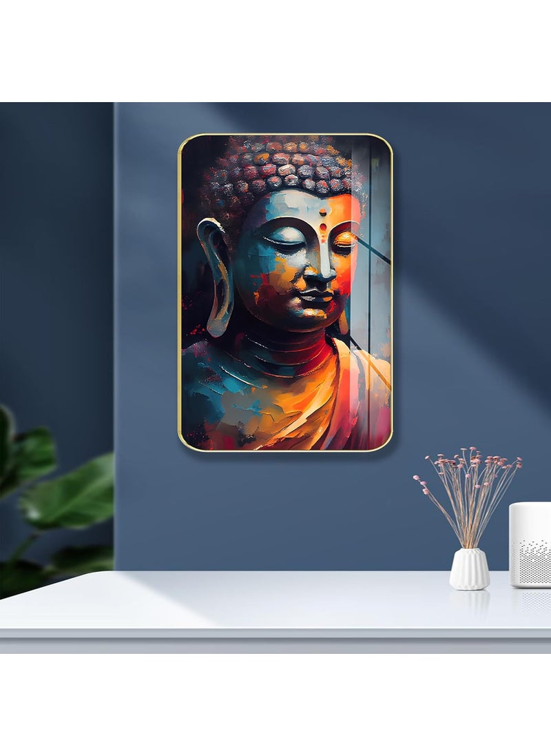 Masstone Premium Crystal Buddha Face Meditation High Gloss Surface Golden Slim Frame 45x30 cm Wall Art for Living Room Bedroom and Office Dcor