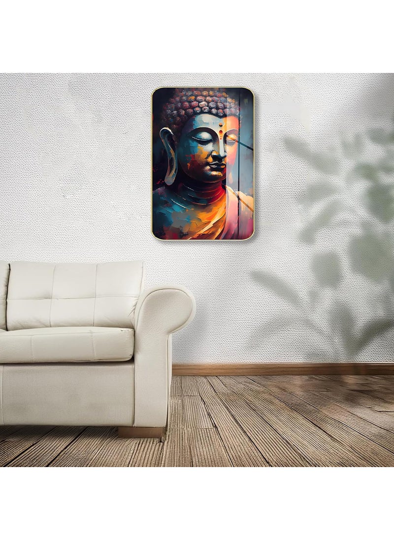 Masstone Premium Crystal Buddha Face Meditation High Gloss Surface Golden Slim Frame 45x30 cm Wall Art for Living Room Bedroom and Office Dcor