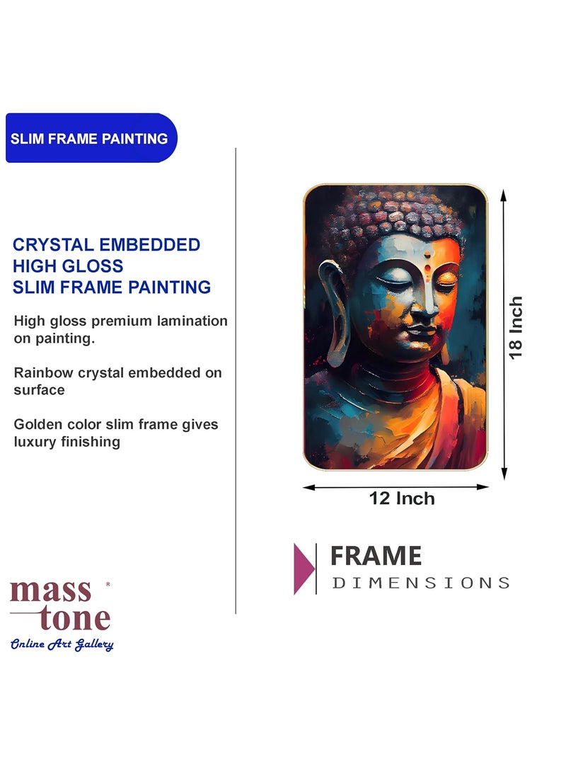 Masstone Premium Crystal Buddha Face Meditation High Gloss Surface Golden Slim Frame 45x30 cm Wall Art for Living Room Bedroom and Office Dcor