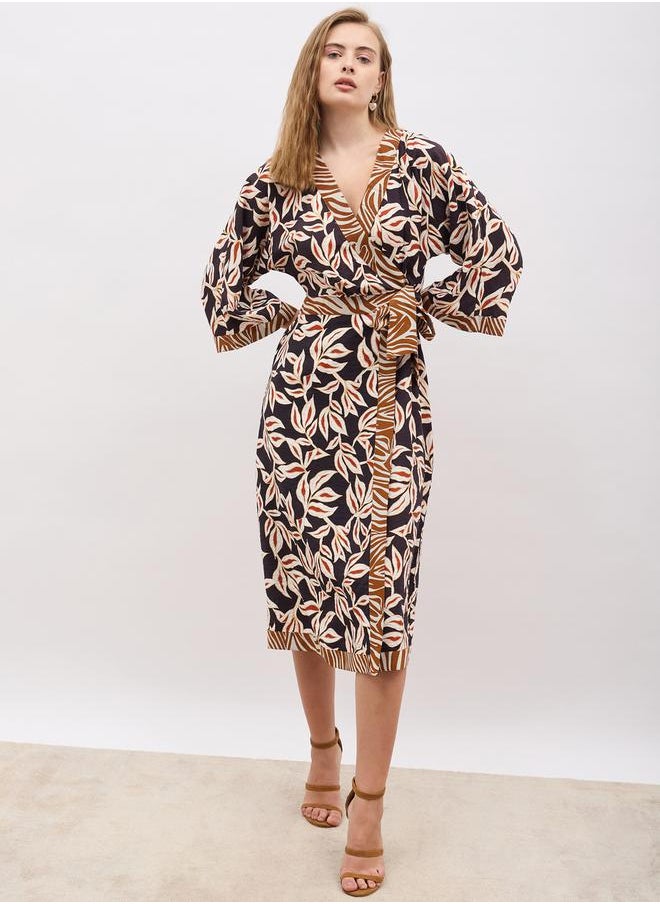 All-Over Print V Neck Wrap Midi Dress