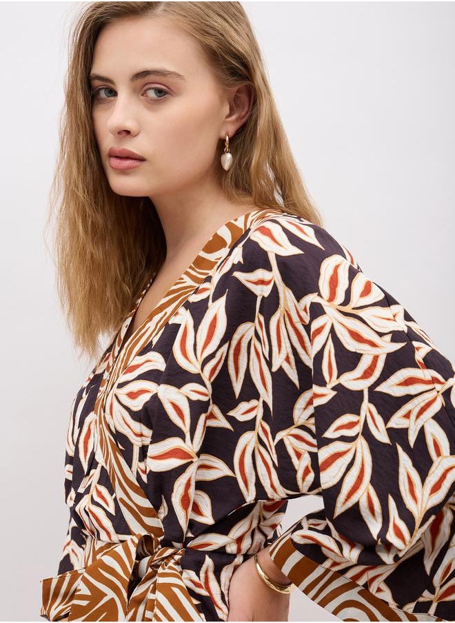All-Over Print V Neck Wrap Midi Dress