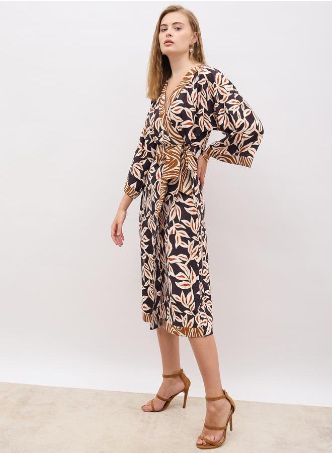 All-Over Print V Neck Wrap Midi Dress