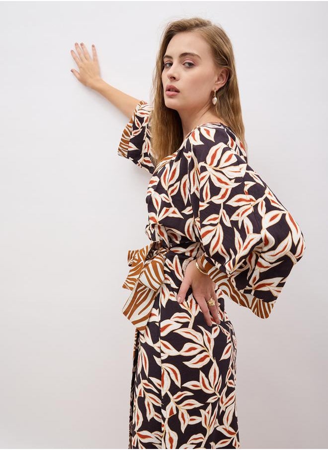 All-Over Print V Neck Wrap Midi Dress